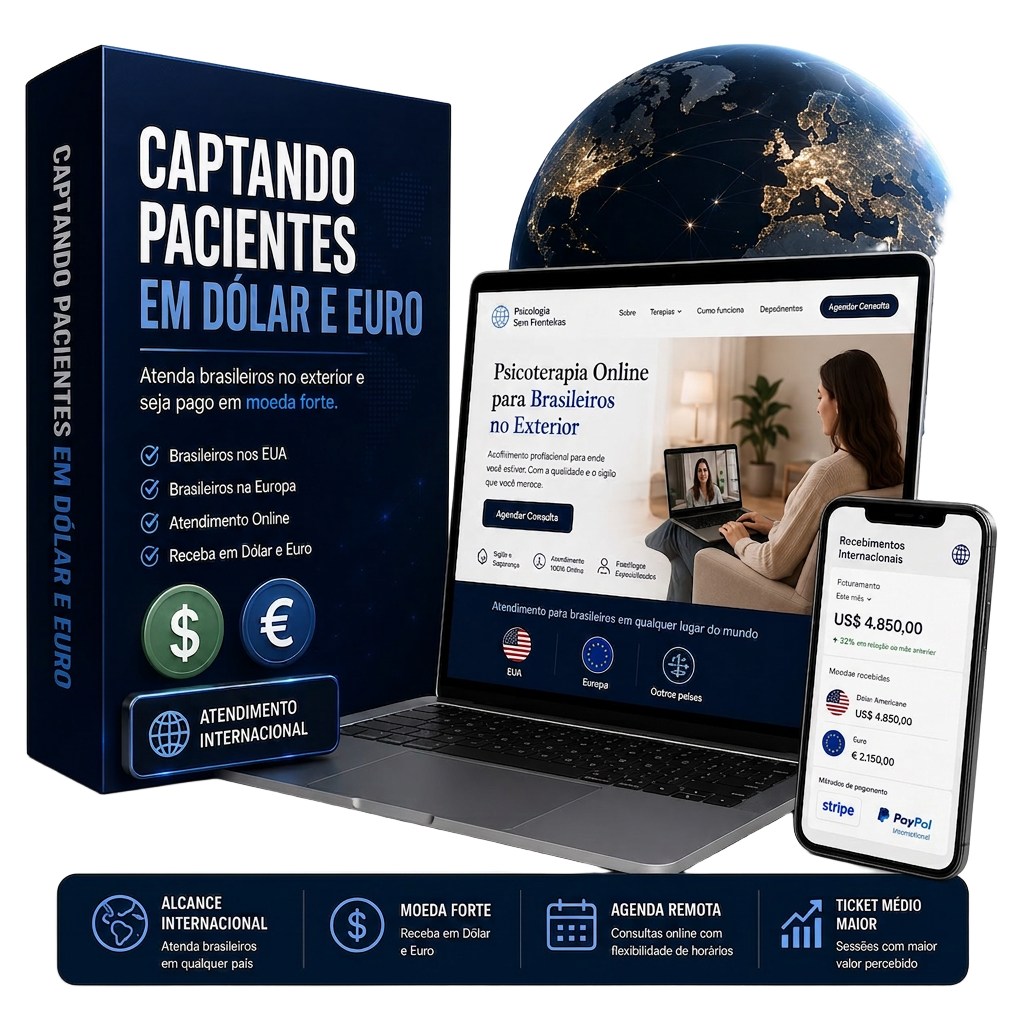 Mockup do curso de captação de pacientes em dólar e euro
