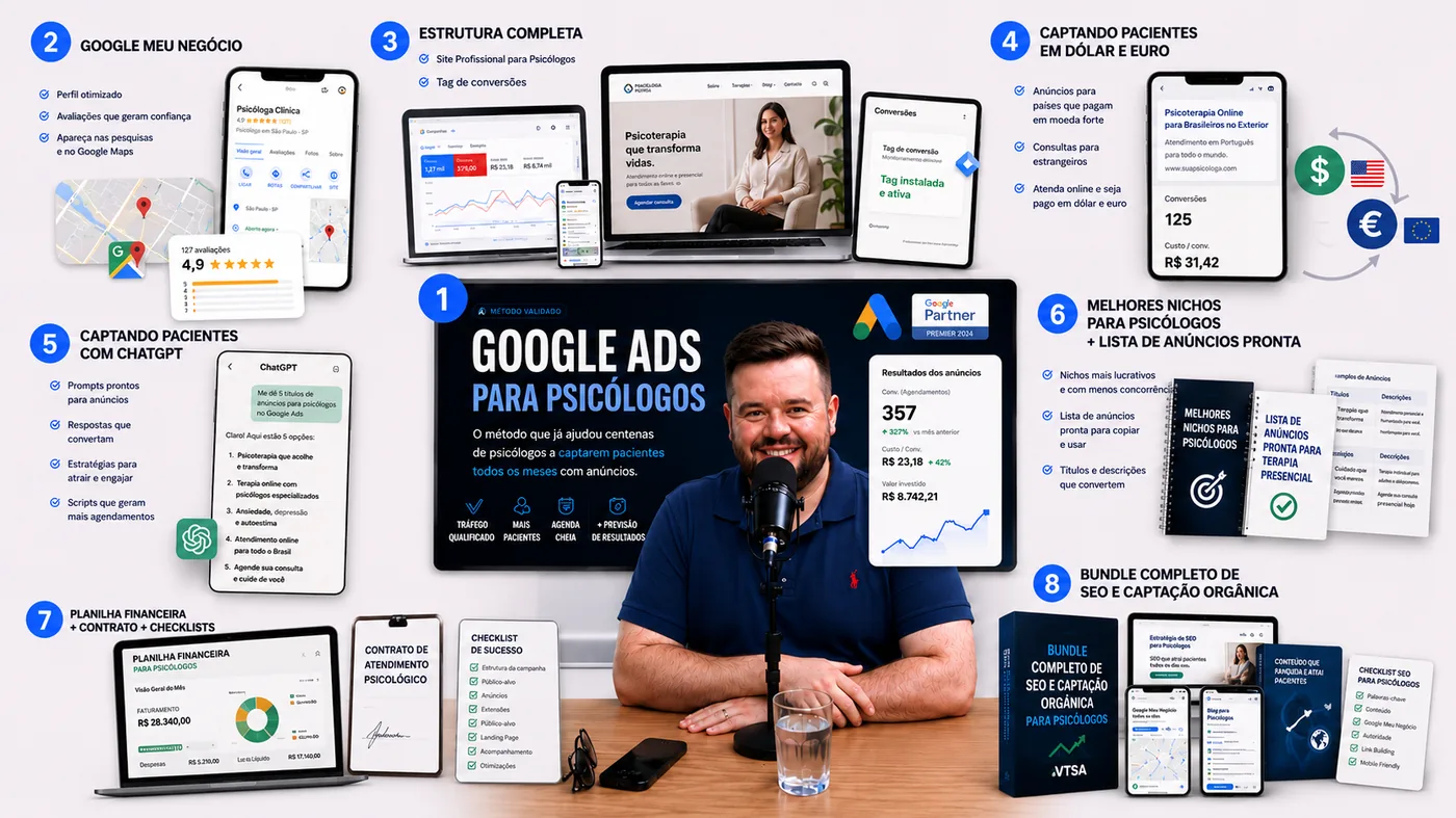 Bundle completo: 8 cursos para psicólogos captarem pacientes com Google Ads, SEO e ChatGPT